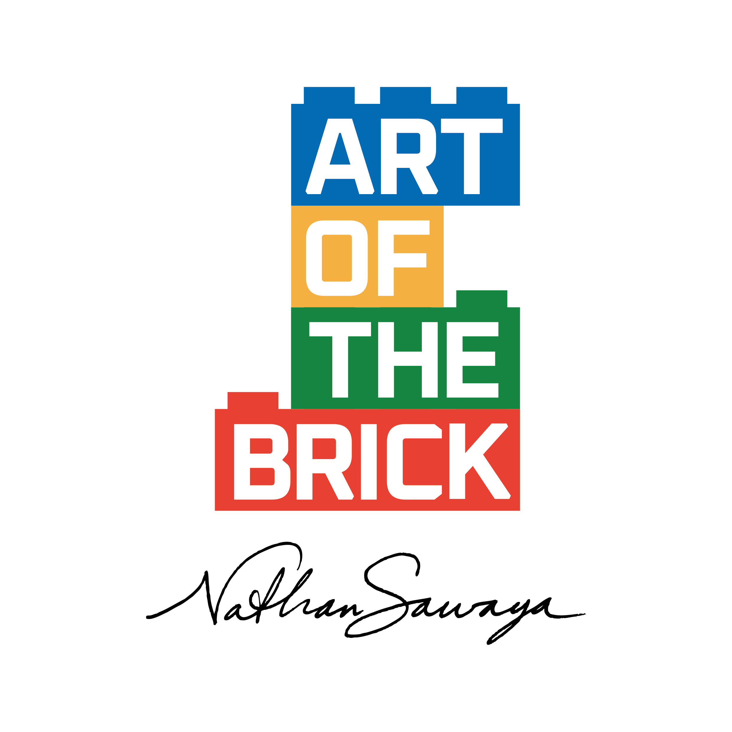 Logo for Art of the Brick: stacked brick blocks in blue, orange, green, and red spelling ART OF THE BRICK on a black background.